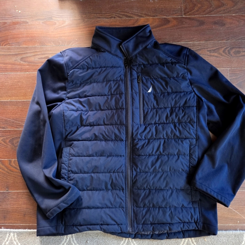 Nautica Jacket Men's XL Puffer Quilted Mixed Media Collared Navy Blue Full Zip
